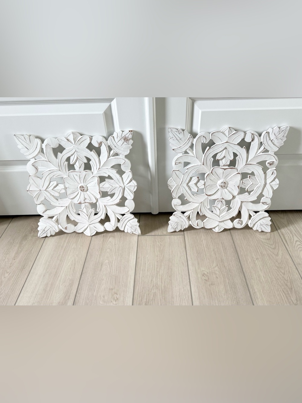 Pair of Carved Wood Floral Wall Panels 15.5” Shabby Chic Farmhouse Decor